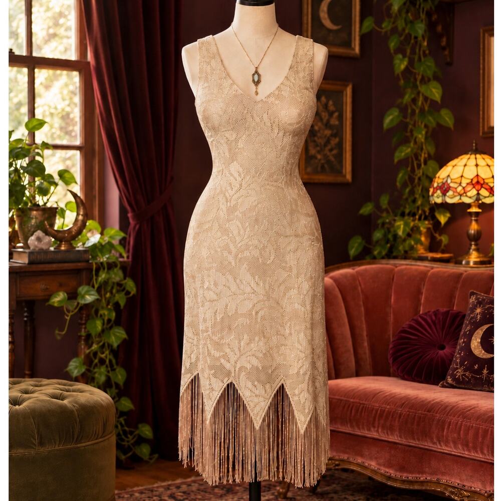 ✨ Vintage Champagne Crochet/Net Fringe Dress